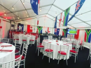 Large Marquee dressed in an International Sports theme.