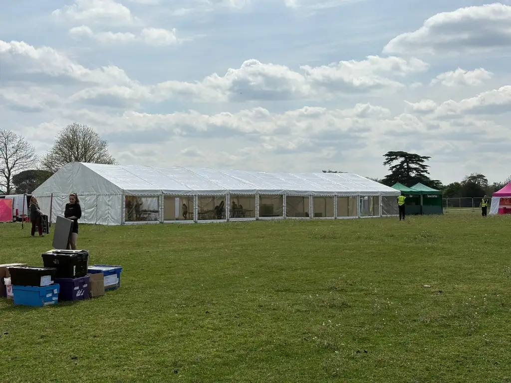 Corporate/Hospitality function marquee exterior of set up in a field